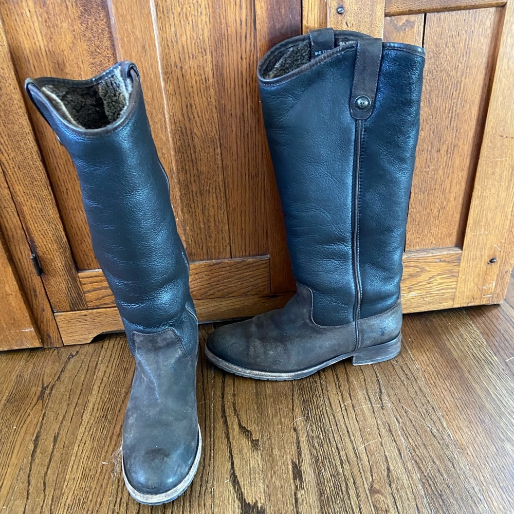 Frye Melissa Button Boot with Sheep Shearling Lined Tall Black/Brown Leather